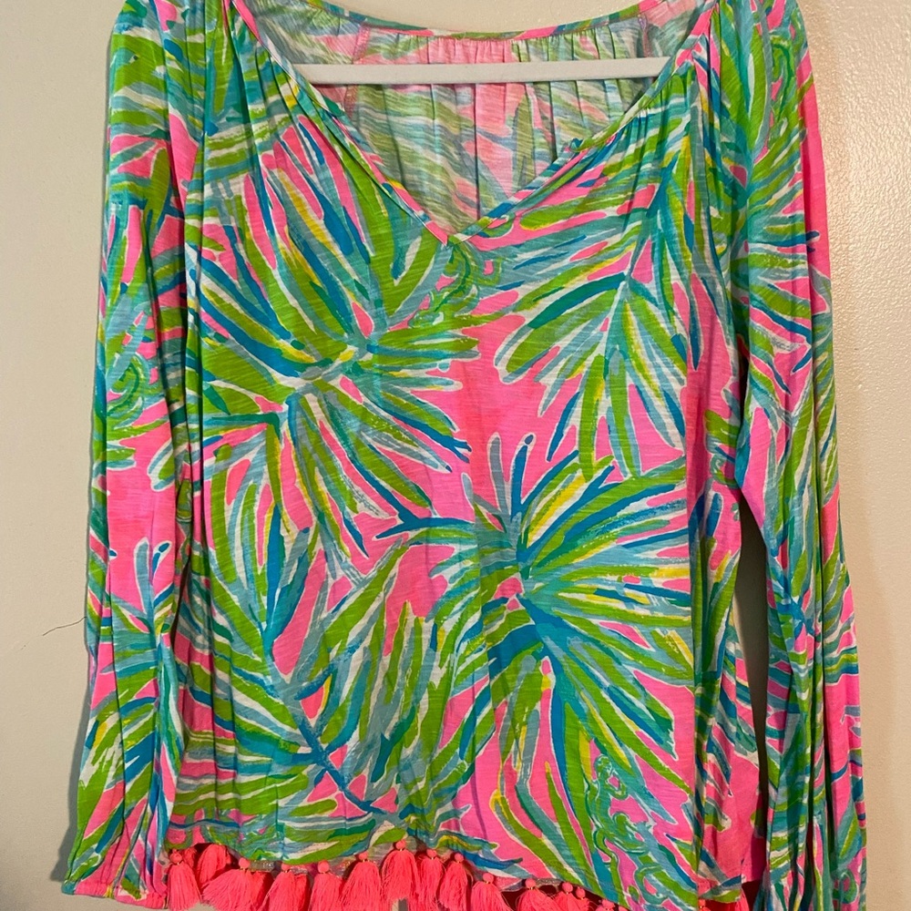 Lilly Pulitzer Linzy top with pink tassles
